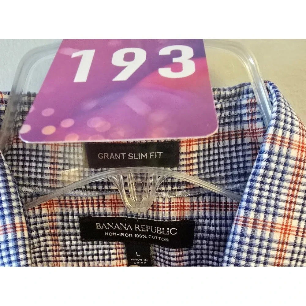Banana Republic Mens Button Down Blue Red Plaid Grant Slim Fit Cotton Size L